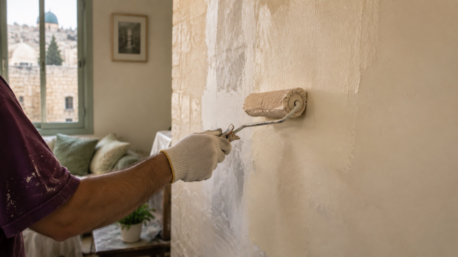 Volunteer painting a newly repaired interior wall