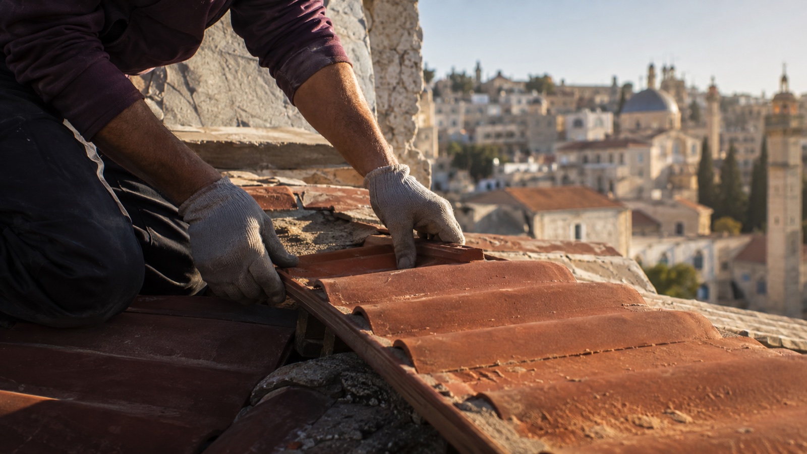 Volunteer replacing terracotta roof tiles